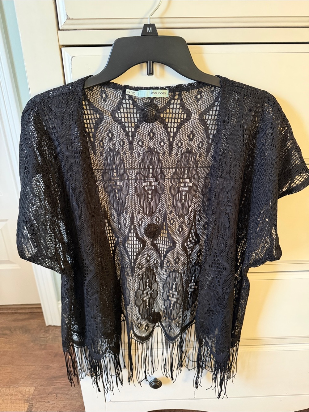 Maurices Black Crochet Fringe Short Sleeve Cardigan